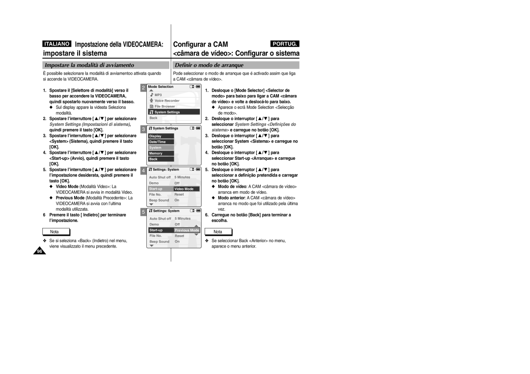 Samsung VP-X110L/XET, VP-X110LMEM manual Câmara de vídeo Configurar o sistema, Si accende la Videocamera CAM câmara de vídeo 