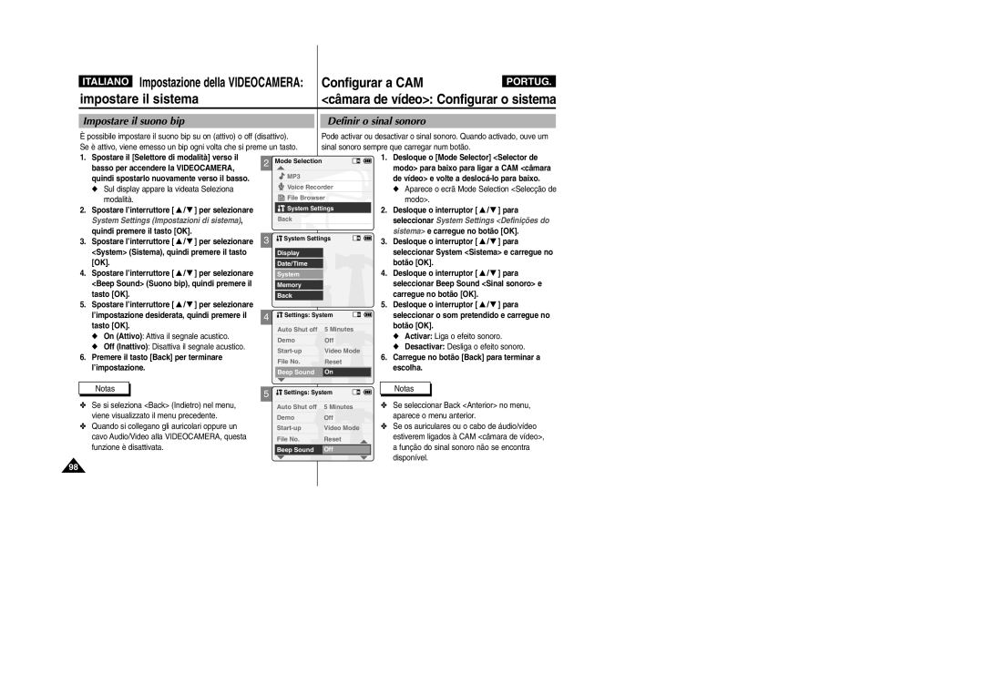 Samsung VP-X110L/XET Impostare il suono bip Definir o sinal sonoro, Premere il tasto Back per terminare l’impostazione 