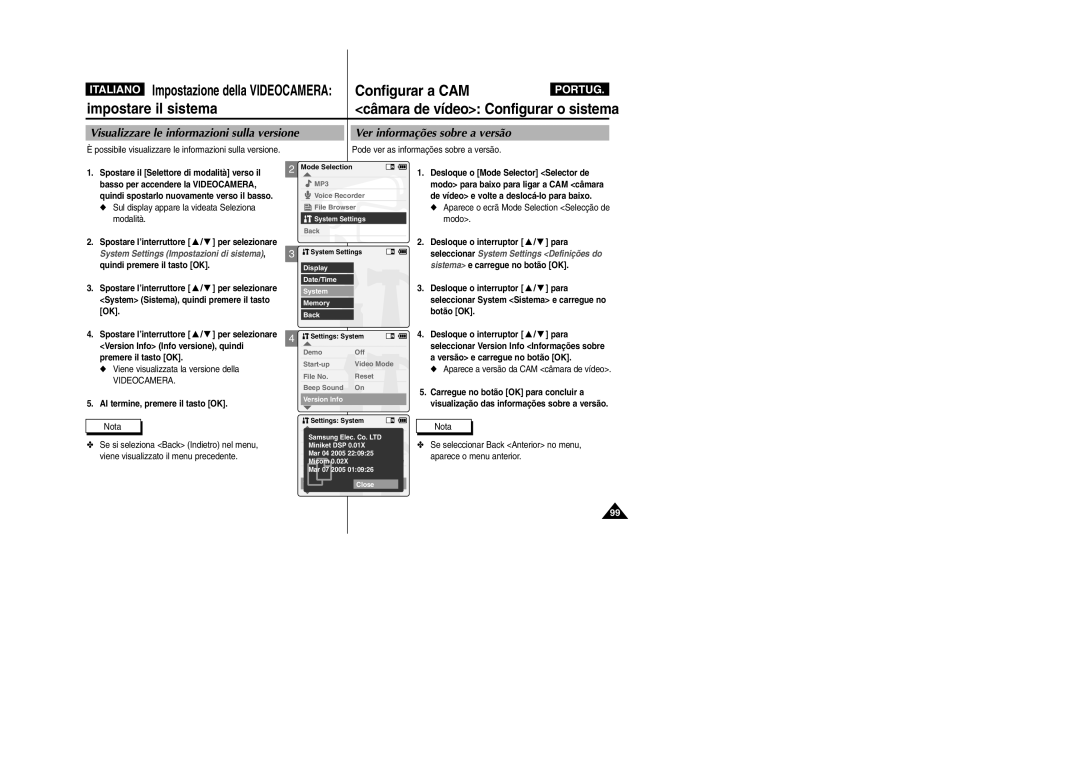 Samsung VP-X110LMEM, VP-X110L/XET manual Viene visualizzata la versione della, Aparece a versão da CAM câmara de vídeo 