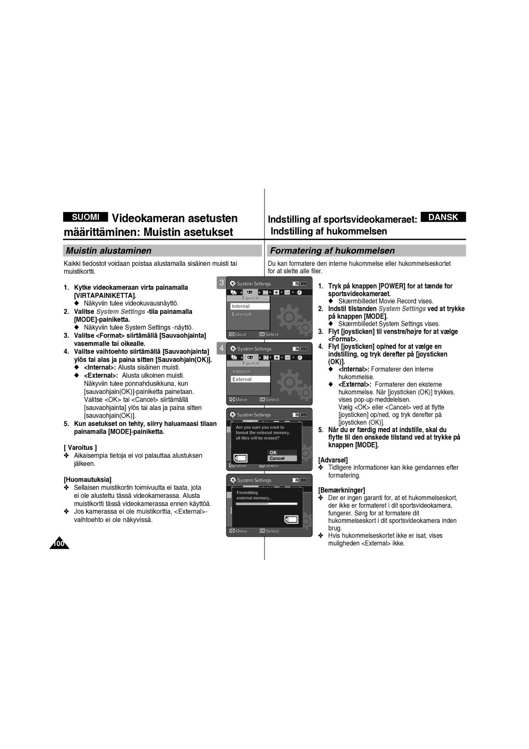 Samsung VP-X210L/XEE manual Muistin alustaminen Formatering af hukommelsen, Skærmbilledet System Settings vises, 100 