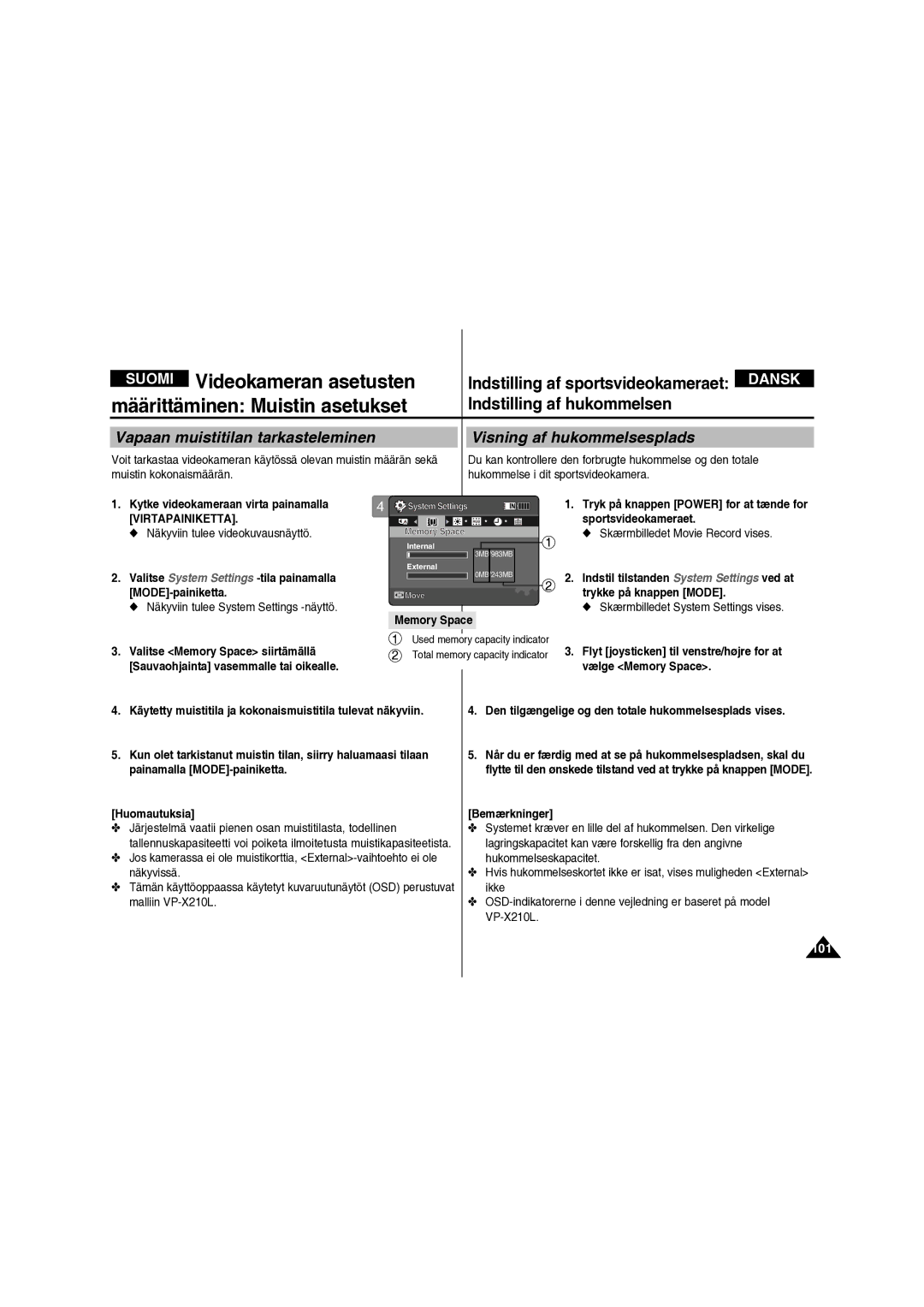 Samsung VP-X210L/XEE manual Vælge Memory Space, Den tilgængelige og den totale hukommelsesplads vises, 101 