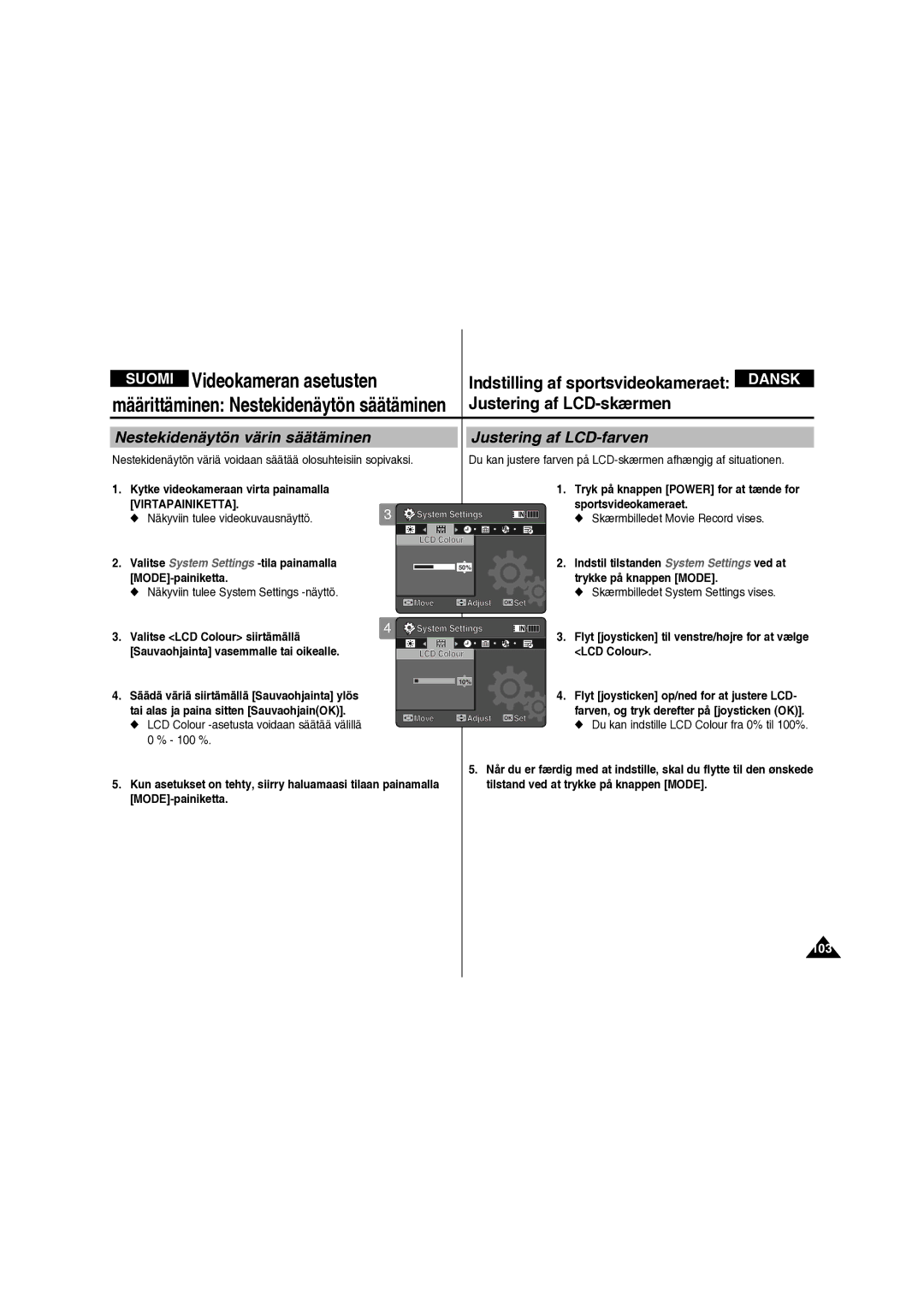 Samsung VP-X210L/XEE manual Nestekidenäytön värin säätäminen, Justering af LCD-farven, 103 