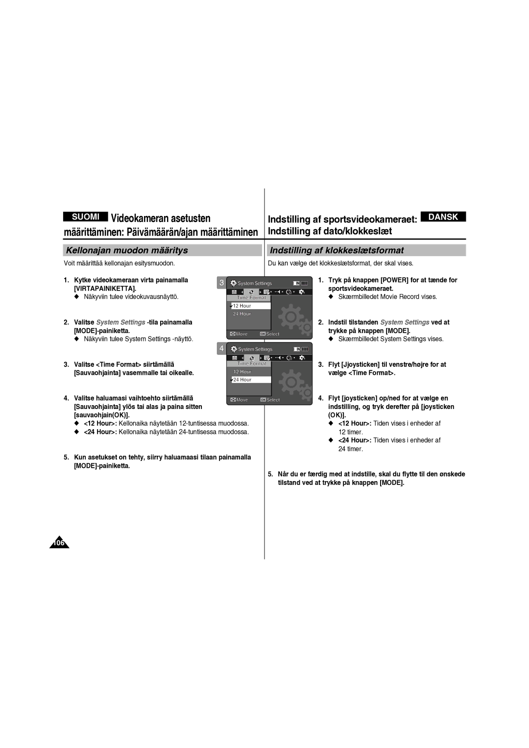 Samsung VP-X210L/XEE manual Kellonajan muodon määritys Indstilling af klokkeslætsformat, 106 