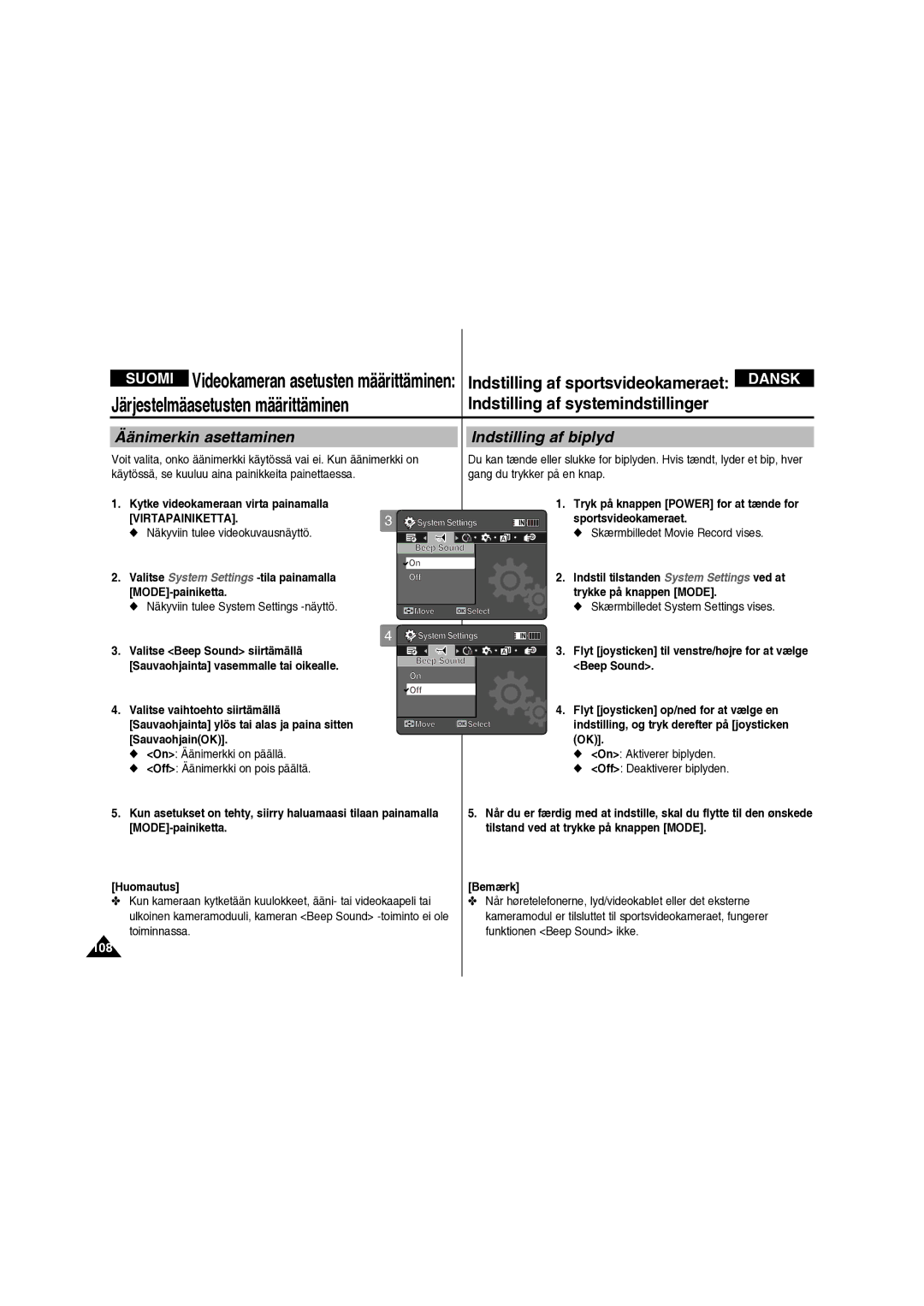 Samsung VP-X210L/XEE manual Järjestelmäasetusten määrittäminen, Äänimerkin asettaminen, Indstilling af biplyd, 108 