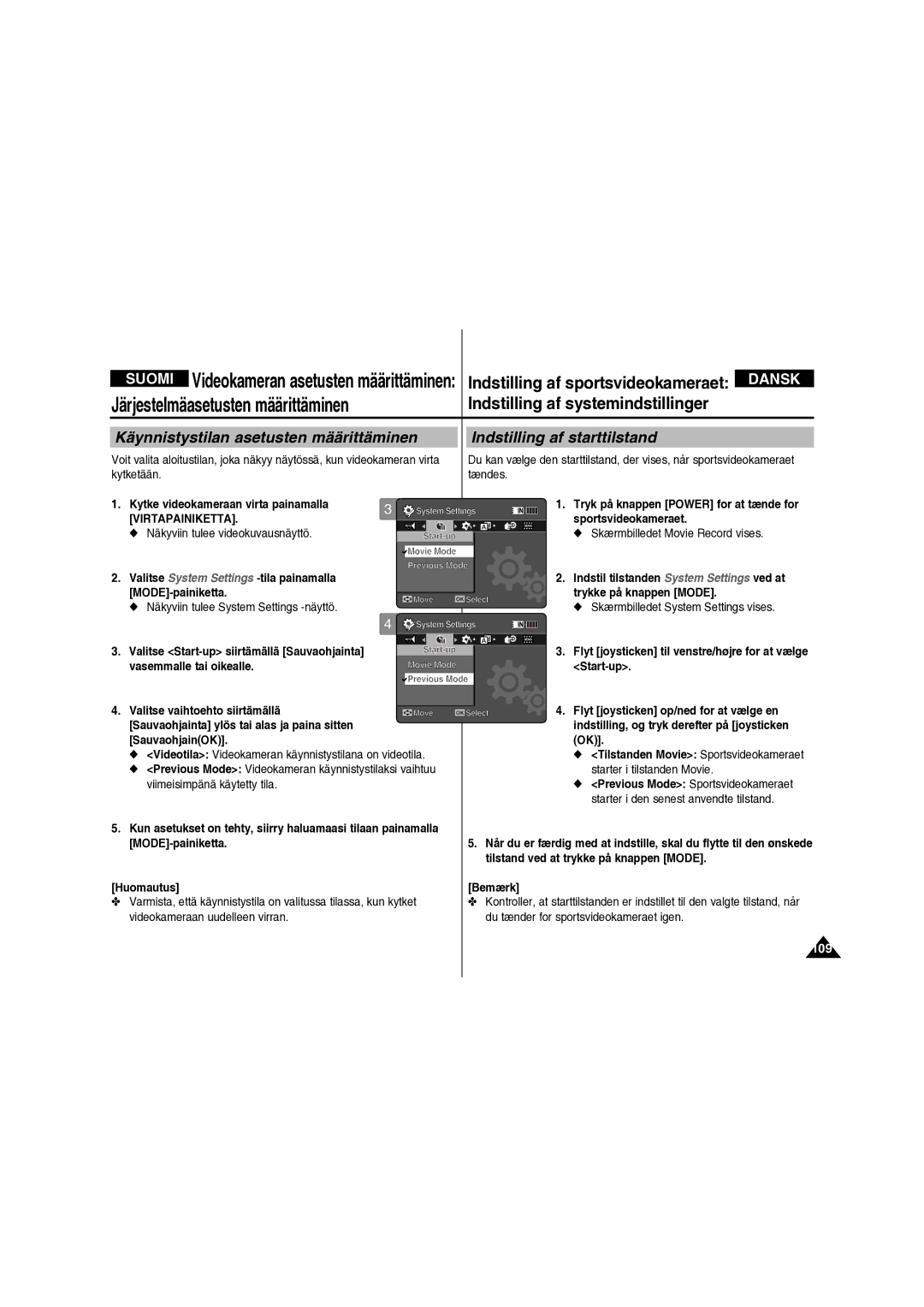 Samsung VP-X210L/XEE manual Käynnistystilan asetusten määrittäminen, Indstilling af starttilstand, 109 