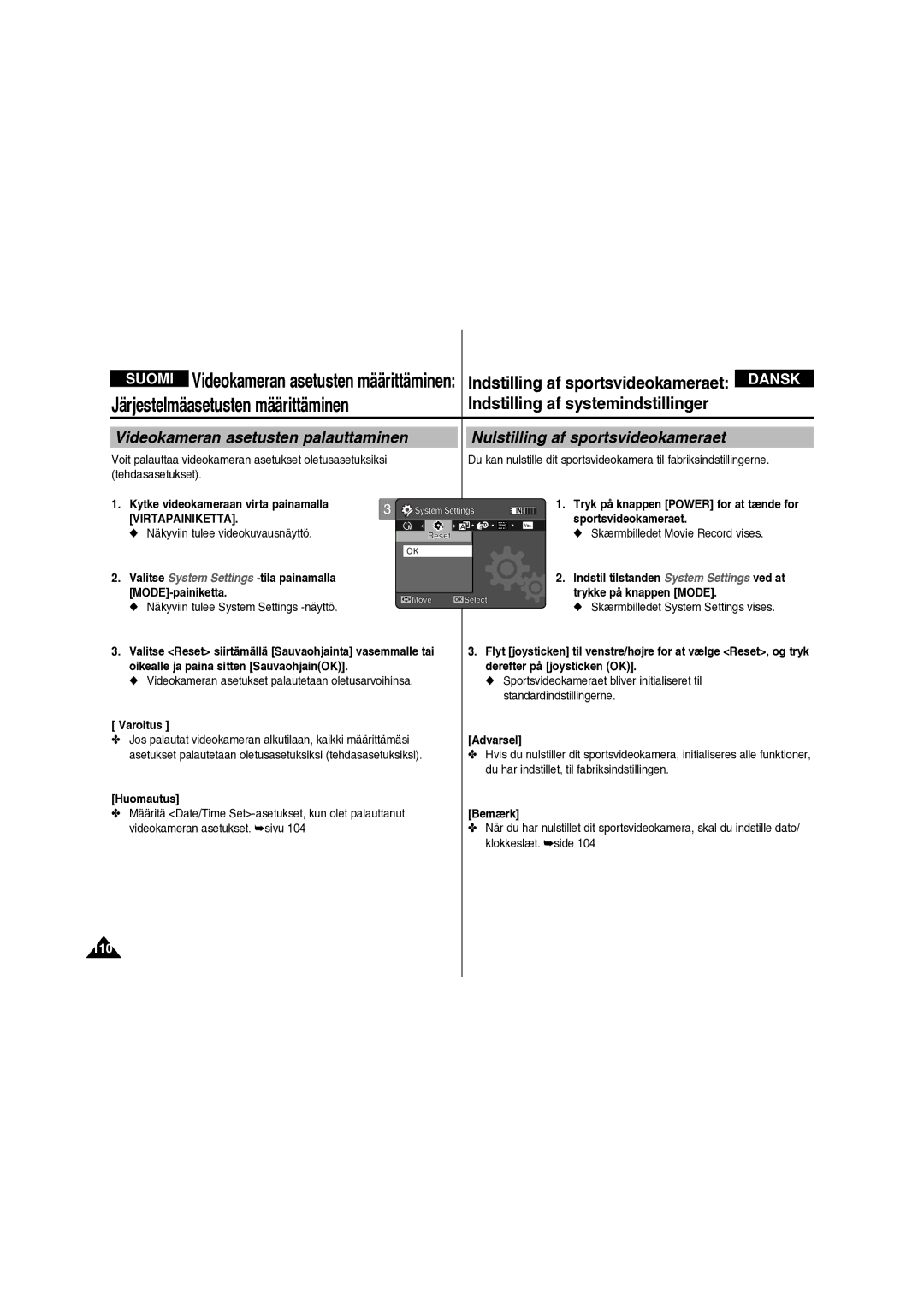 Samsung VP-X210L/XEE manual Videokameran asetukset palautetaan oletusarvoihinsa, 110 