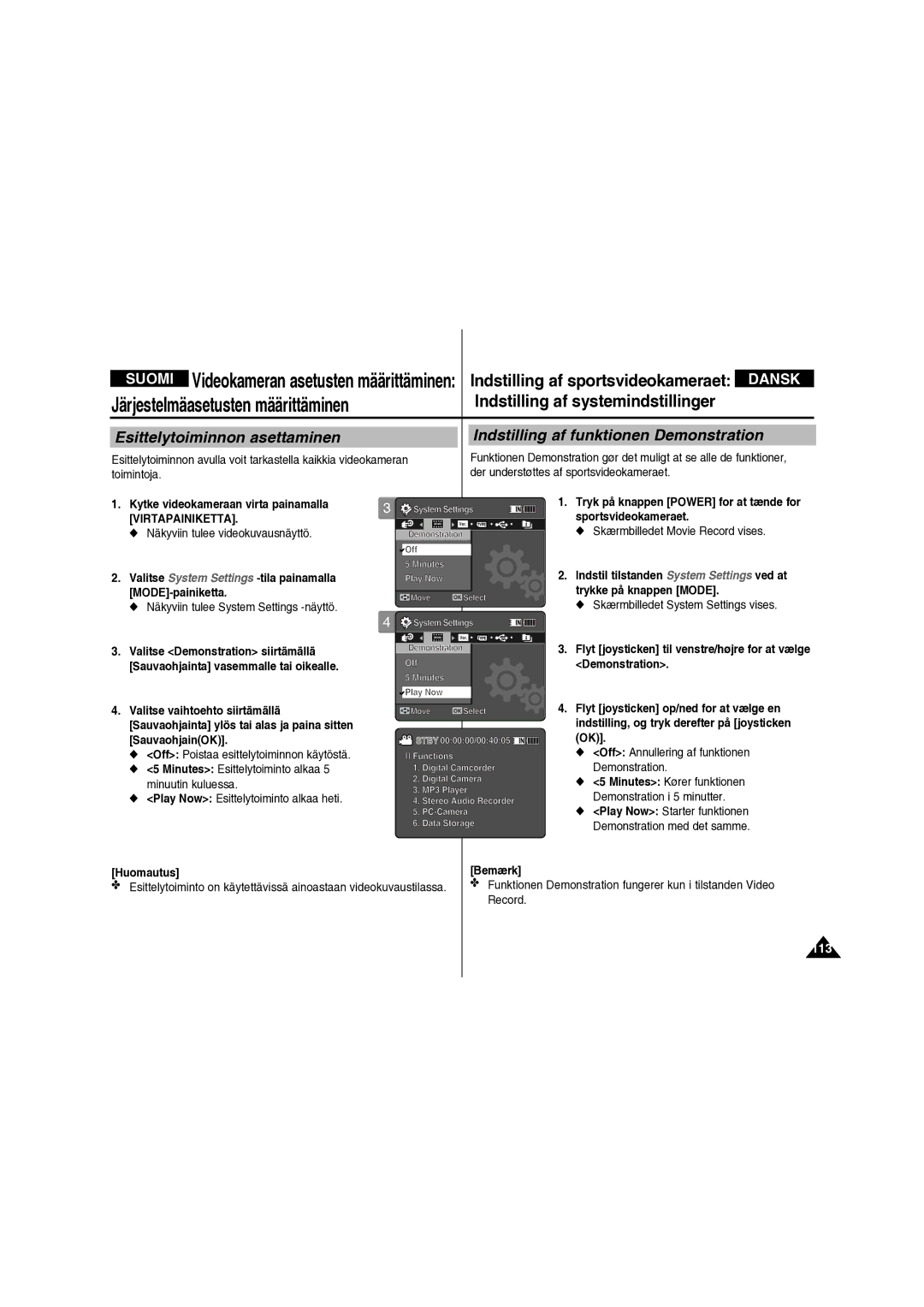 Samsung VP-X210L/XEE manual Esittelytoiminnon asettaminen, Indstilling af funktionen Demonstration, 113 