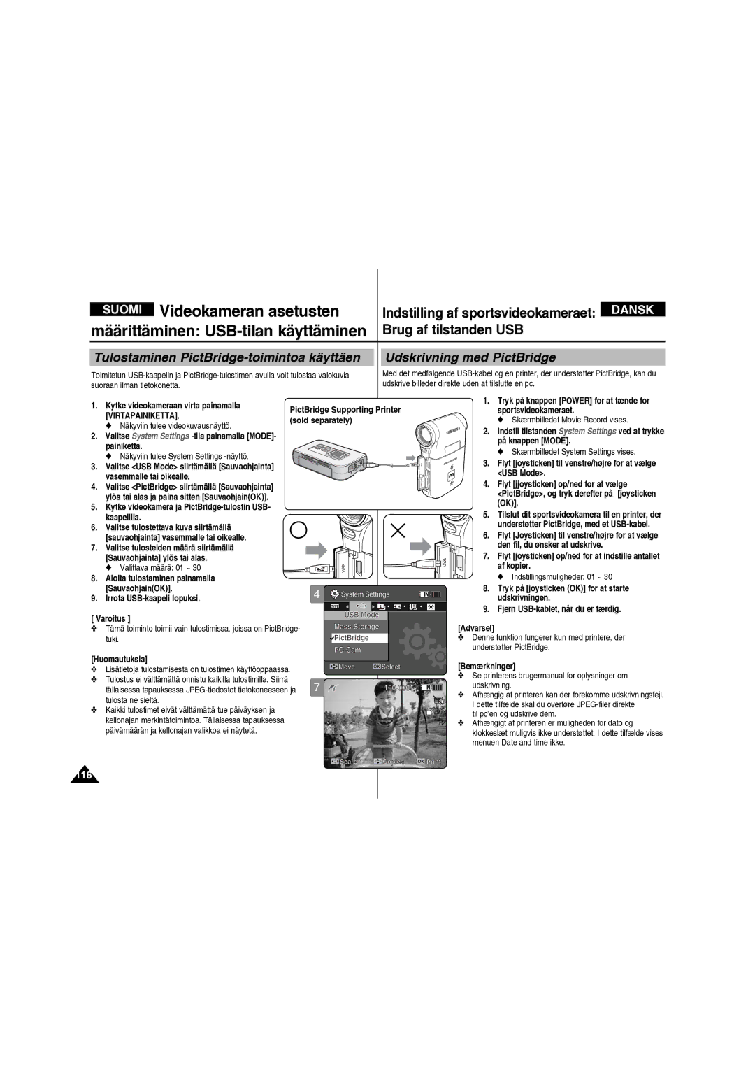 Samsung VP-X210L/XEE manual Tulostaminen PictBridge-toimintoa käyttäen, Udskrivning med PictBridge, 116 