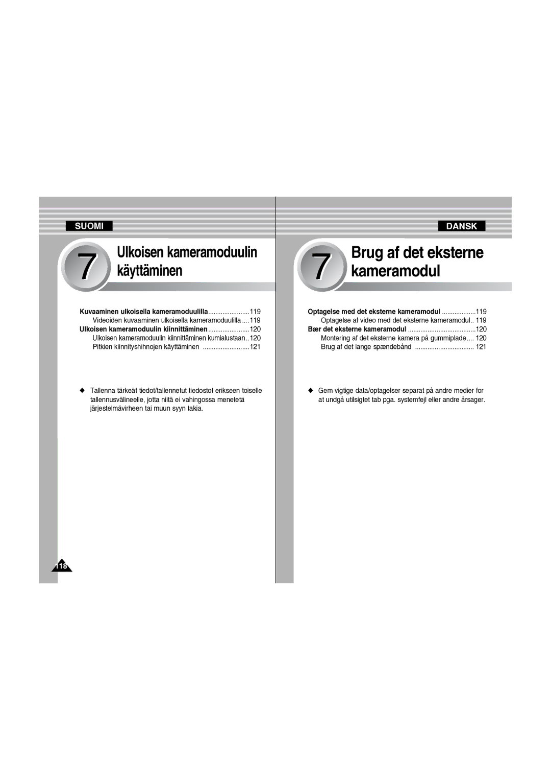 Samsung VP-X210L/XEE manual Ulkoisen kameramoduulin, 118 