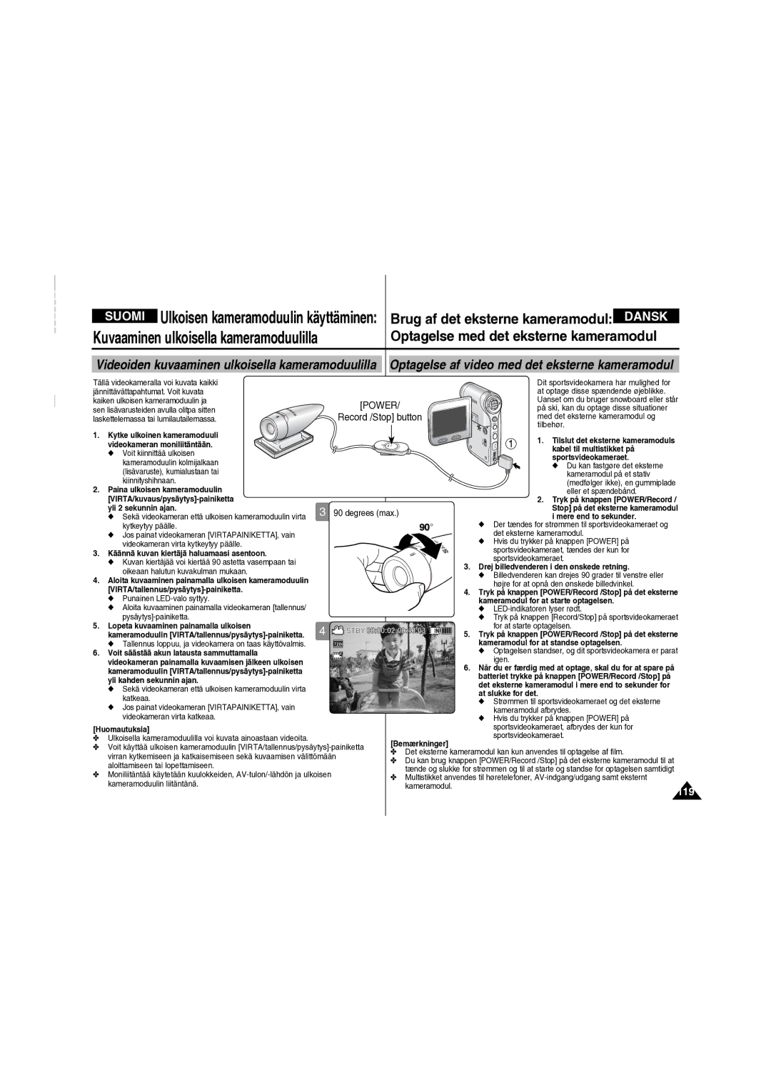 Samsung VP-X210L/XEE manual Optagelse af video med det eksterne kameramodul, Record /Stop button, 119 