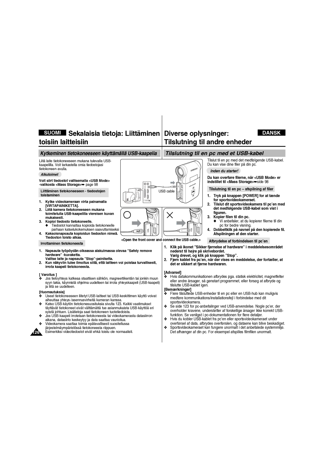 Samsung VP-X210L/XEE manual Tilslutning til en pc med et USB-kabel, 126 