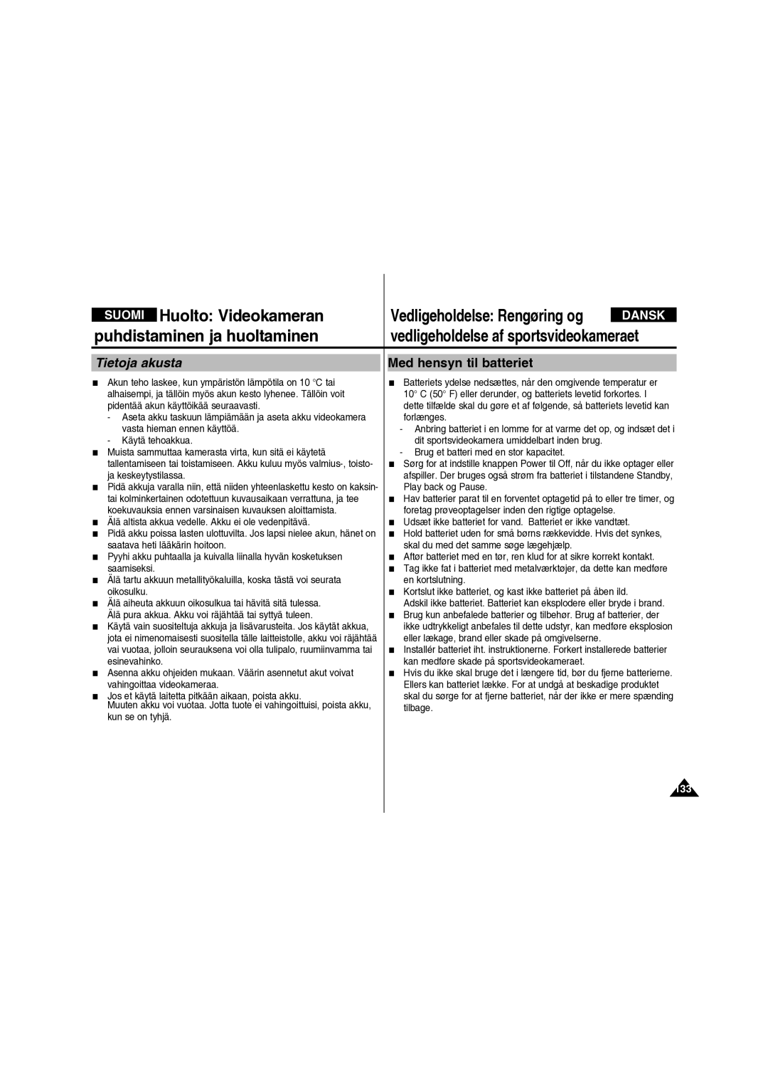 Samsung VP-X210L/XEE manual Tietoja akusta, 133 