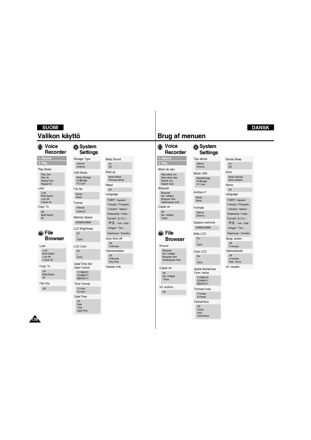 Samsung VP-X210L/XEE manual Voice Recorder, System Settings, 138 