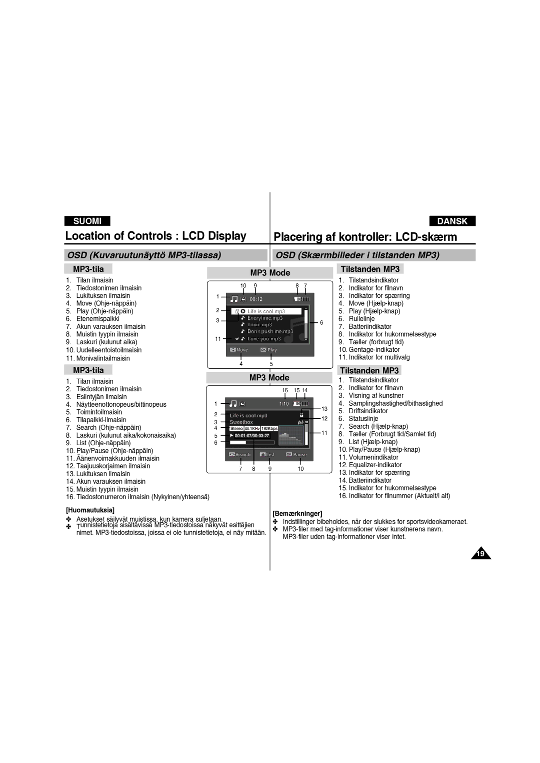 Samsung VP-X210L/XEE manual MP3-tila MP3 Mode, Tilstanden MP3, Bemærkninger 