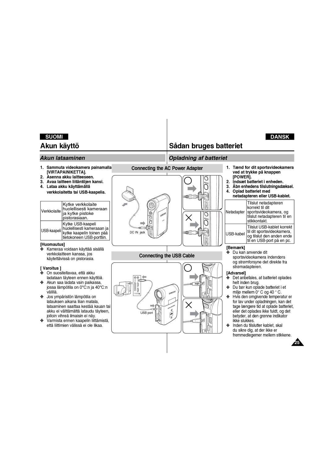 Samsung VP-X210L/XEE manual Akun käyttö, Akun lataaminen, Opladning af batteriet, Connecting the AC Power Adapter 