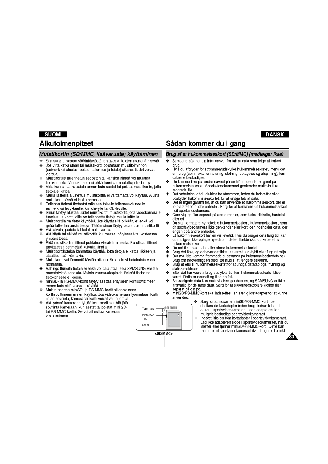 Samsung VP-X210L/XEE manual Muistikortin SD/MMC, lisävaruste käyttäminen 