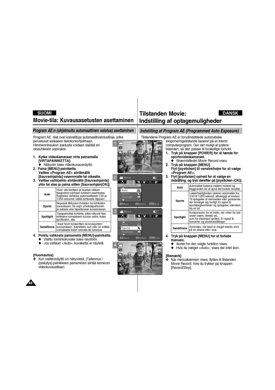 Samsung VP-X210L/XEE manual Valitse Program AE siirtämällä, Huomautus 