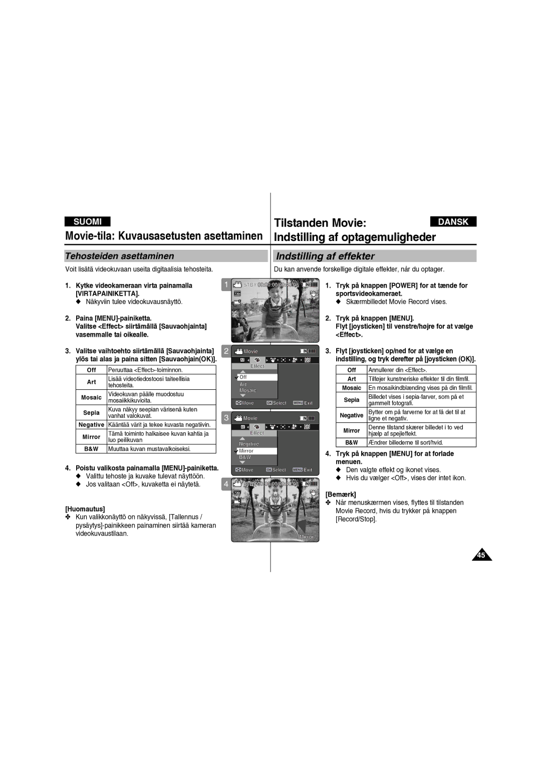 Samsung VP-X210L/XEE manual Tehosteiden asettaminen, Sportsvideokameraet, Vasemmalle tai oikealle 