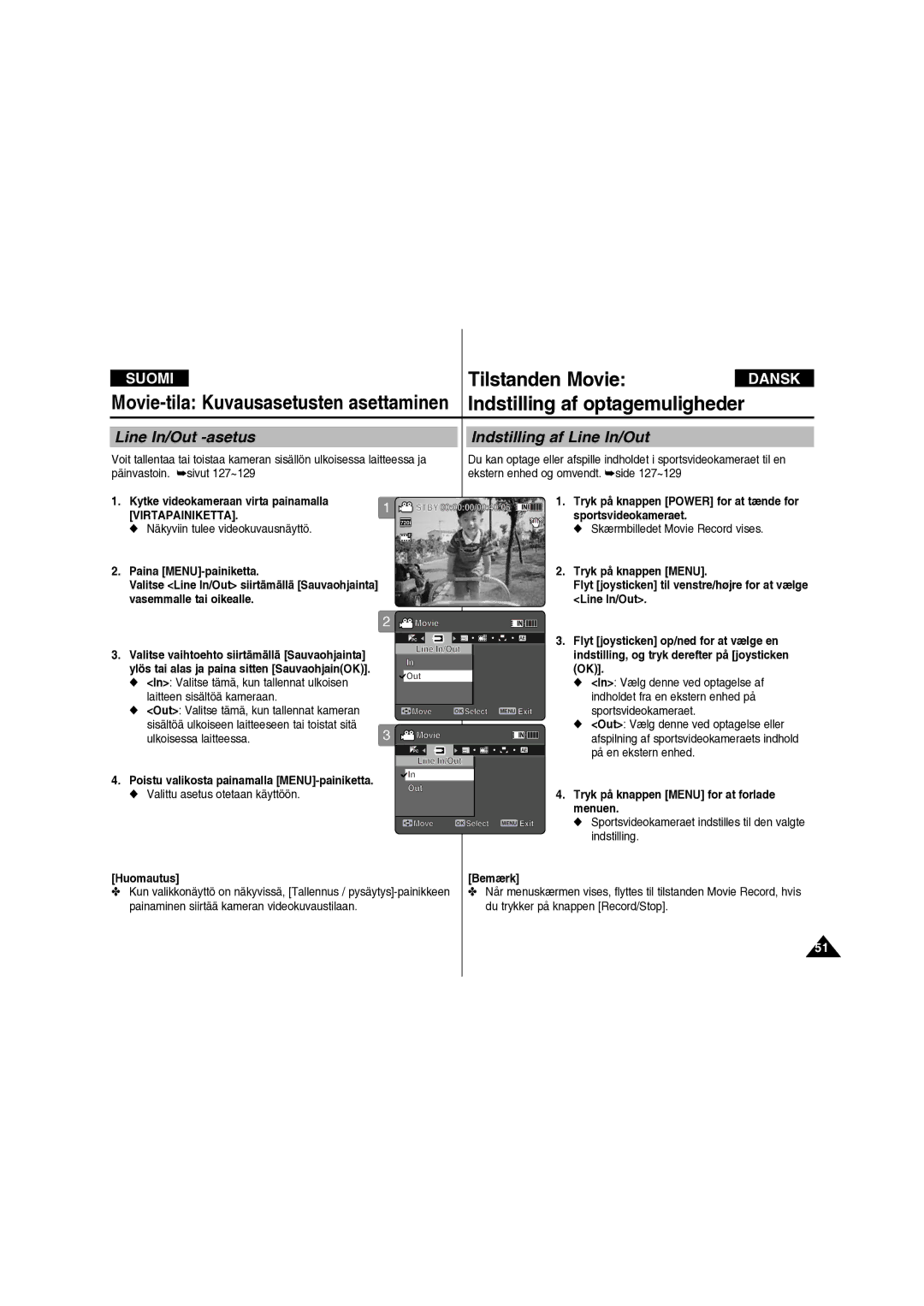 Samsung VP-X210L/XEE manual Line In/Out -asetus, Indstilling af Line In/Out 