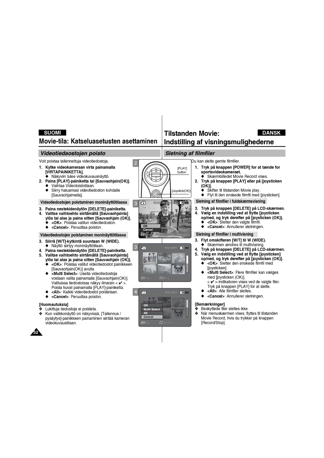 Samsung VP-X210L/XEE manual Videotiedaostojen poisto Sletning af filmfiler 