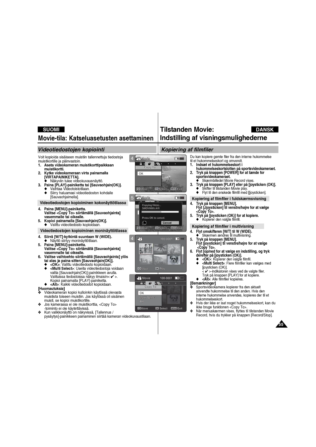 Samsung VP-X210L/XEE manual Kopiering af filmfiler i fuldskærmsvisning, Kopiering af filmfiler i multivisning 