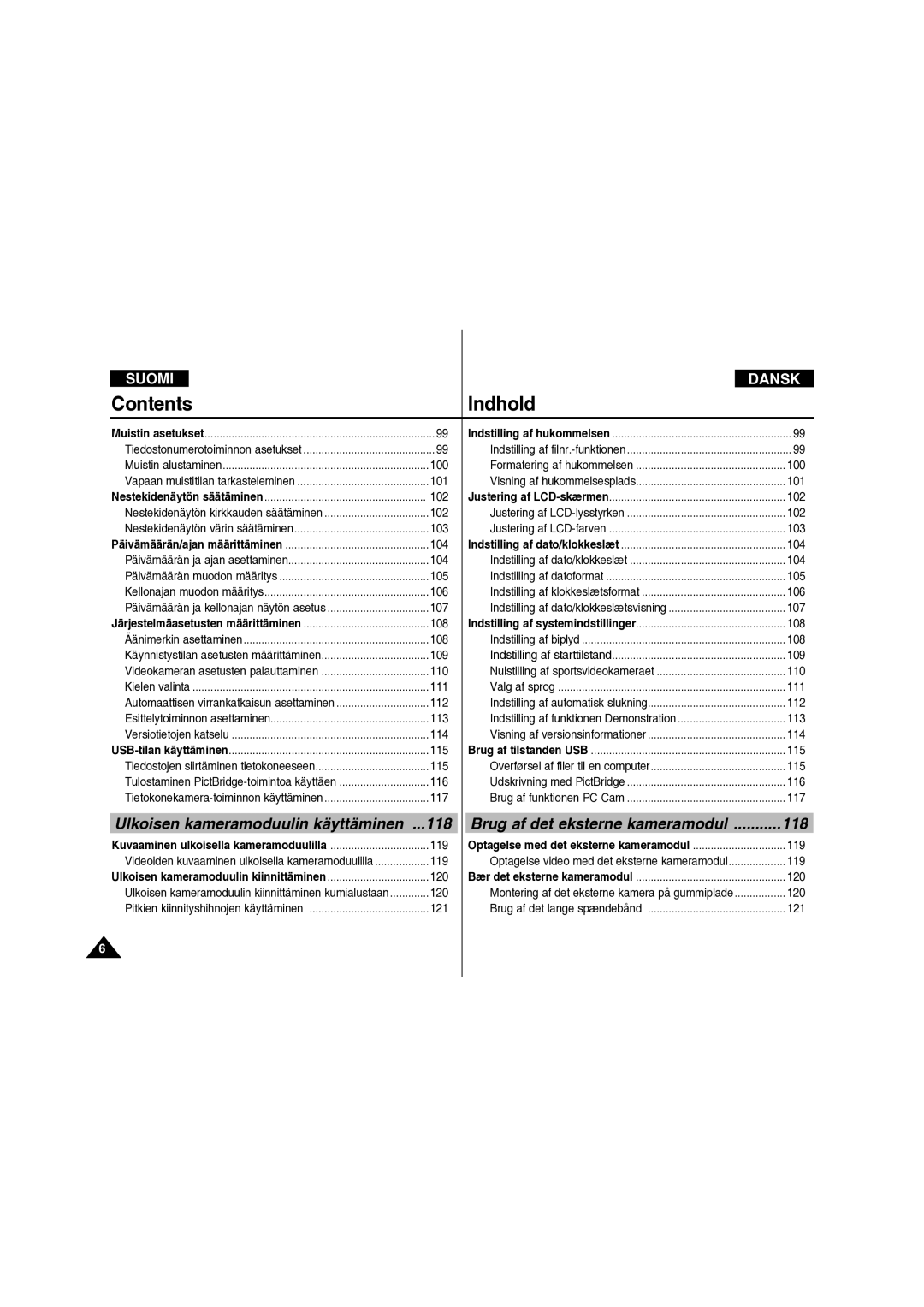 Samsung VP-X210L/XEE manual Contents Indhold 