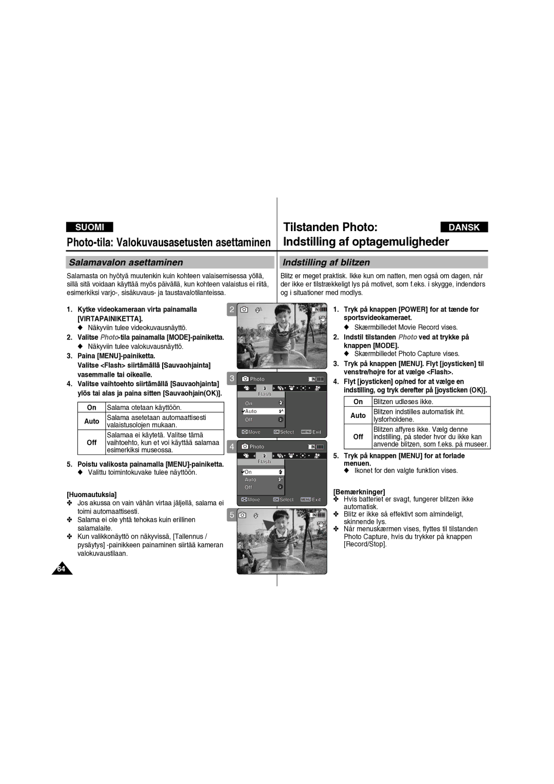 Samsung VP-X210L/XEE manual Salamavalon asettaminen Indstilling af blitzen 