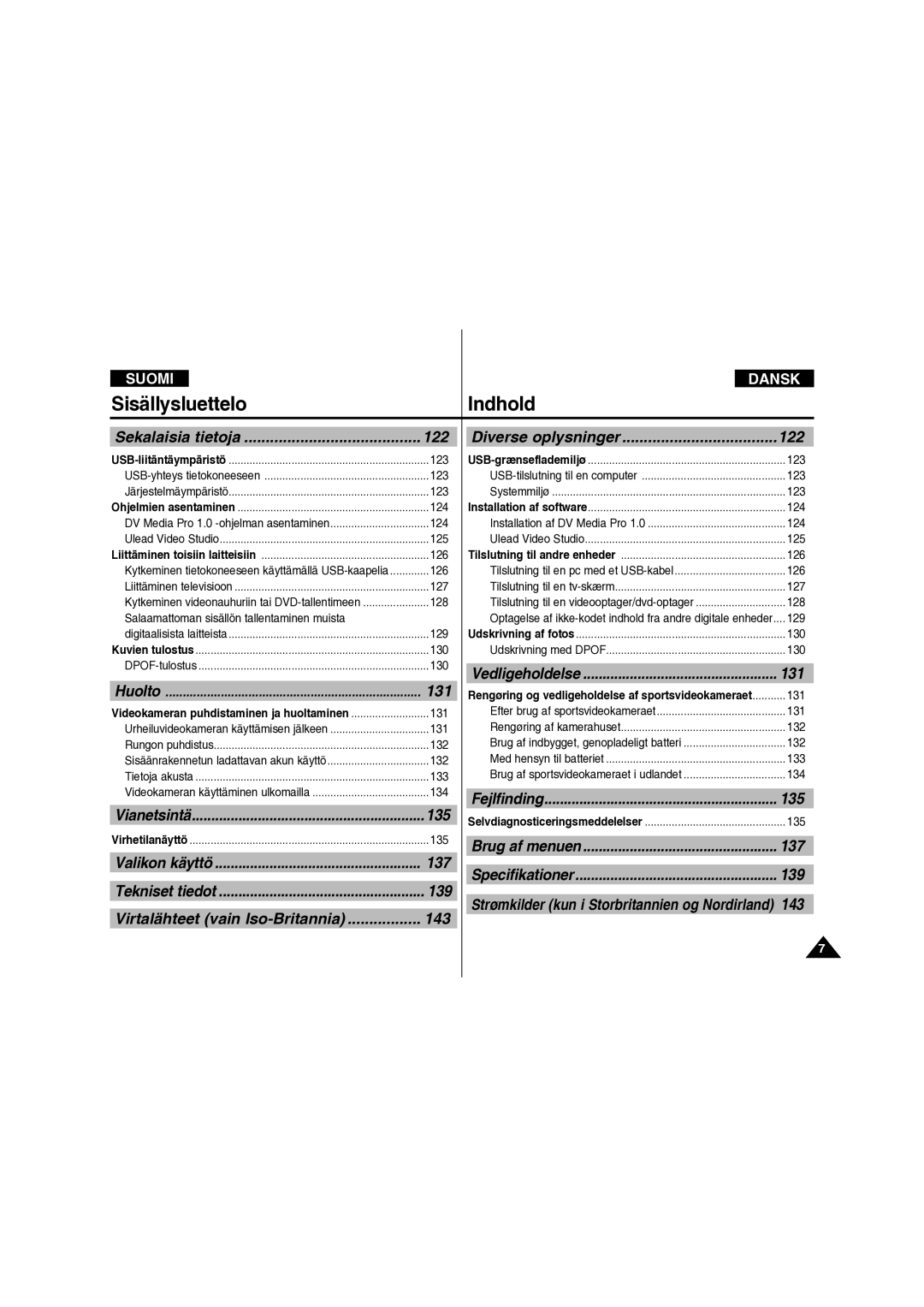 Samsung VP-X210L/XEE manual 122, 131, 135, 137, 139, Virtalähteet vain Iso-Britannia 143 