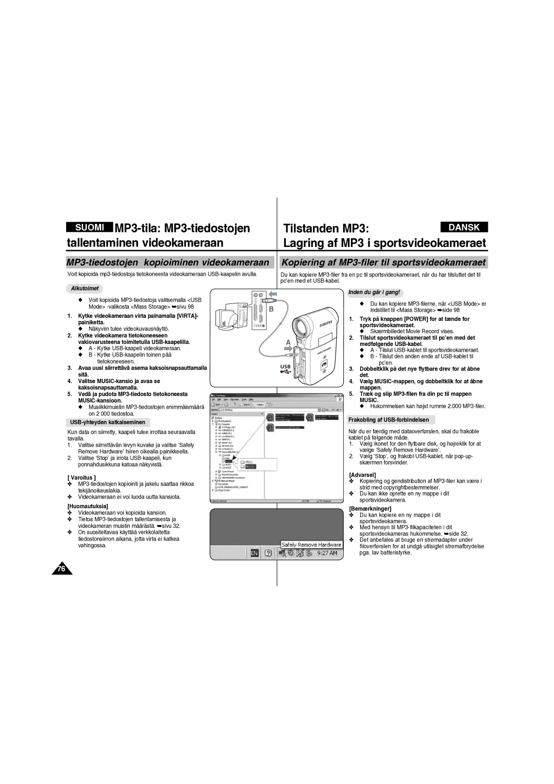 Samsung VP-X210L/XEE manual MP3-tila MP3-tiedostojen Tilstanden MP3, Tallentaminen videokameraan 