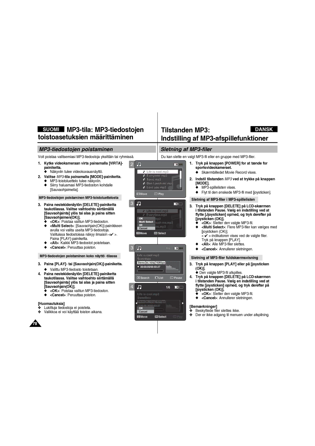 Samsung VP-X210L/XEE manual MP3-tiedostojen poistaminen Sletning af MP3-filer, Sletning af MP3-filer i MP3-spillelisten 