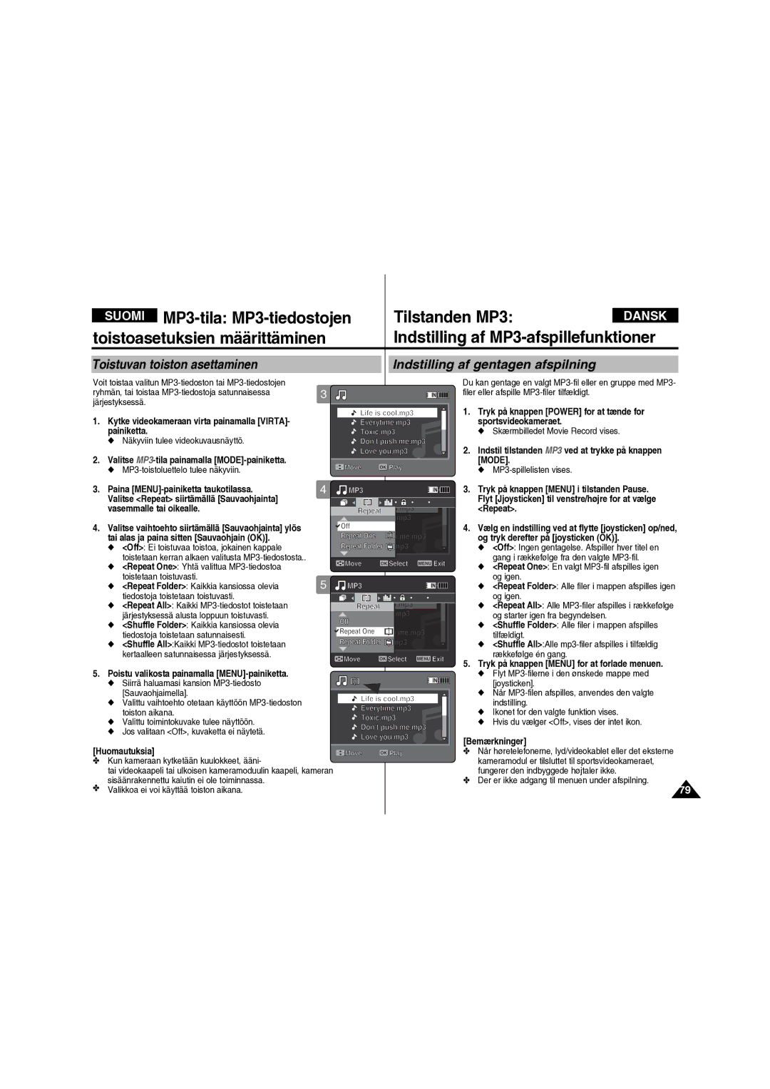 Samsung VP-X210L/XEE Indstil tilstanden MP3 ved at trykke på knappen Mode, Tryk på knappen Menu for at forlade menuen 