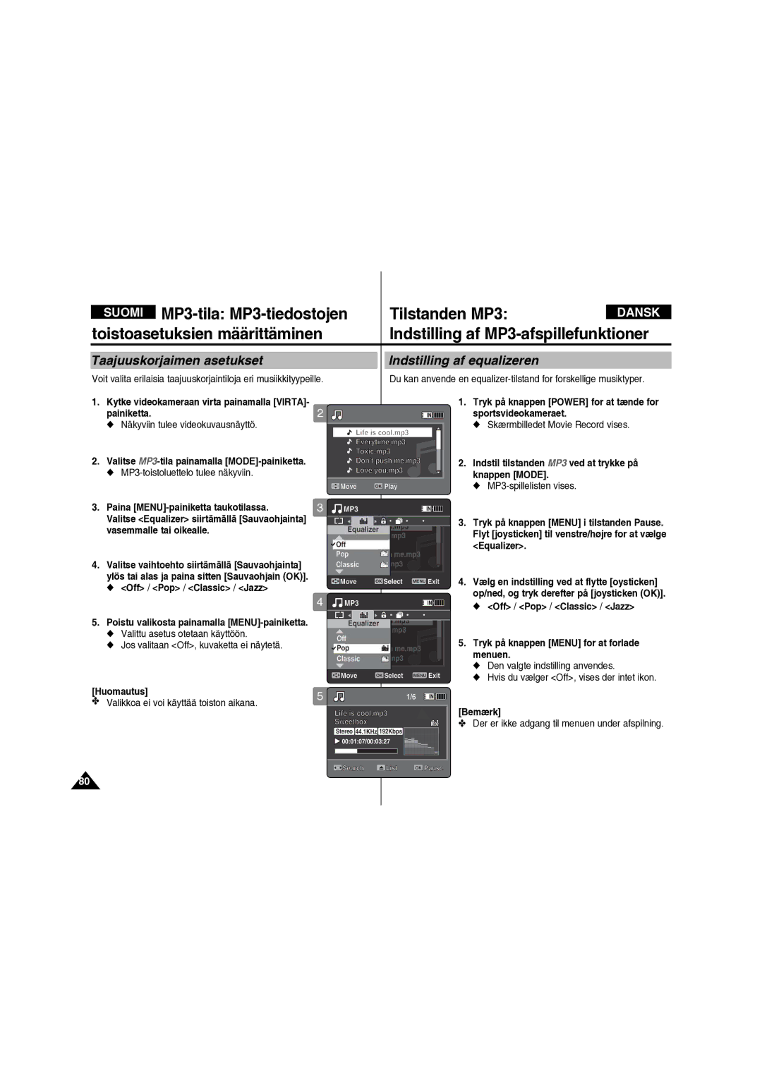 Samsung VP-X210L/XEE manual Taajuuskorjaimen asetukset Indstilling af equalizeren 