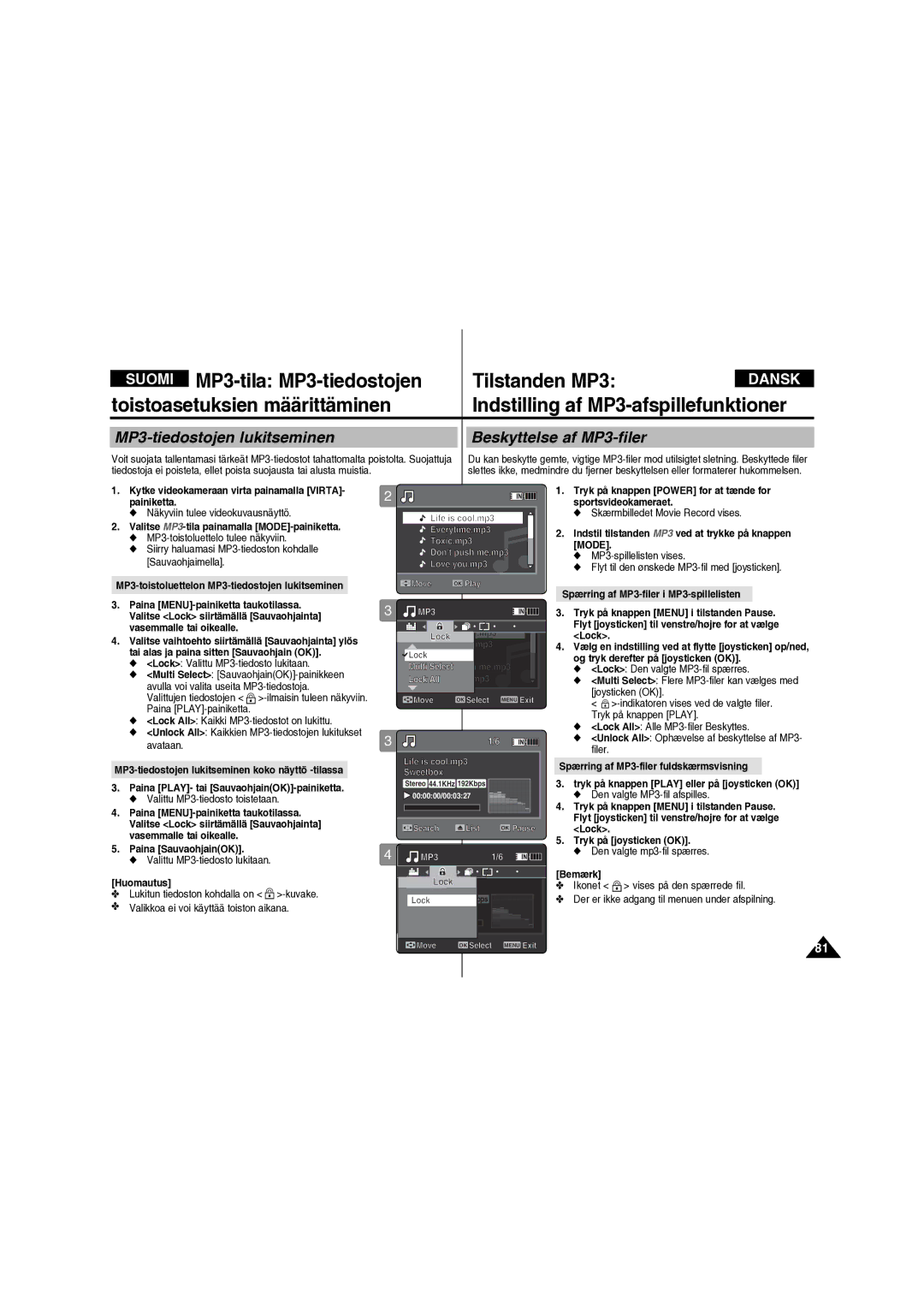 Samsung VP-X210L/XEE manual MP3-tiedostojen lukitseminen, Beskyttelse af MP3-filer 