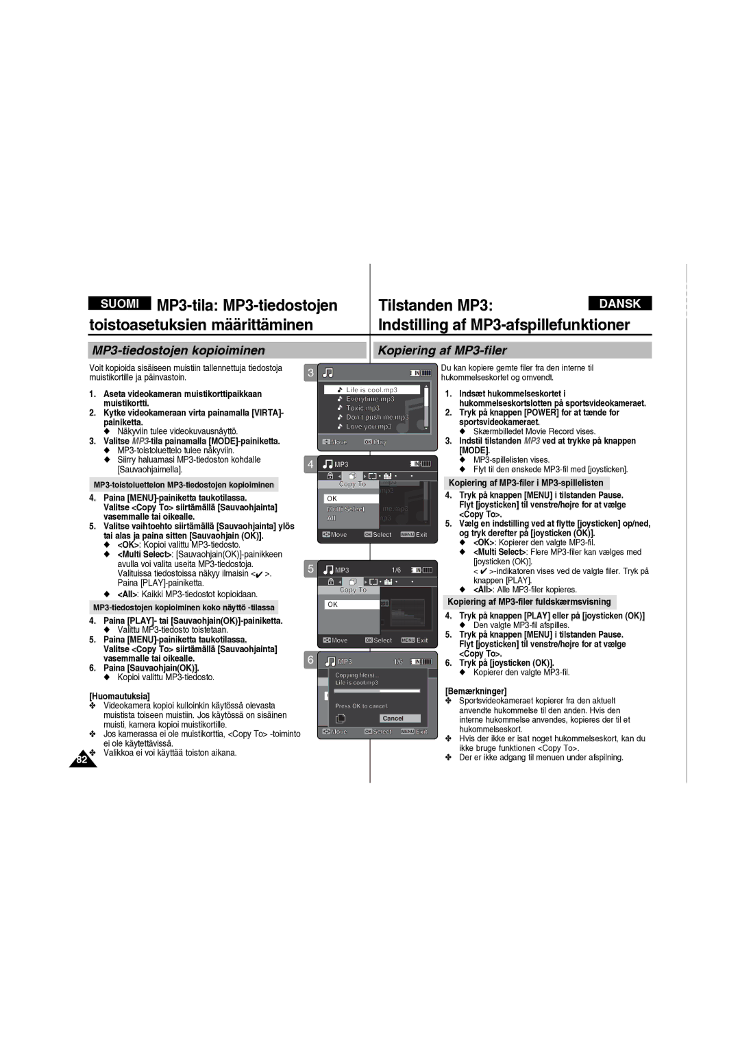 Samsung VP-X210L/XEE manual MP3-tiedostojen kopioiminen Kopiering af MP3-filer, Paina MENU-painiketta taukotilassa 