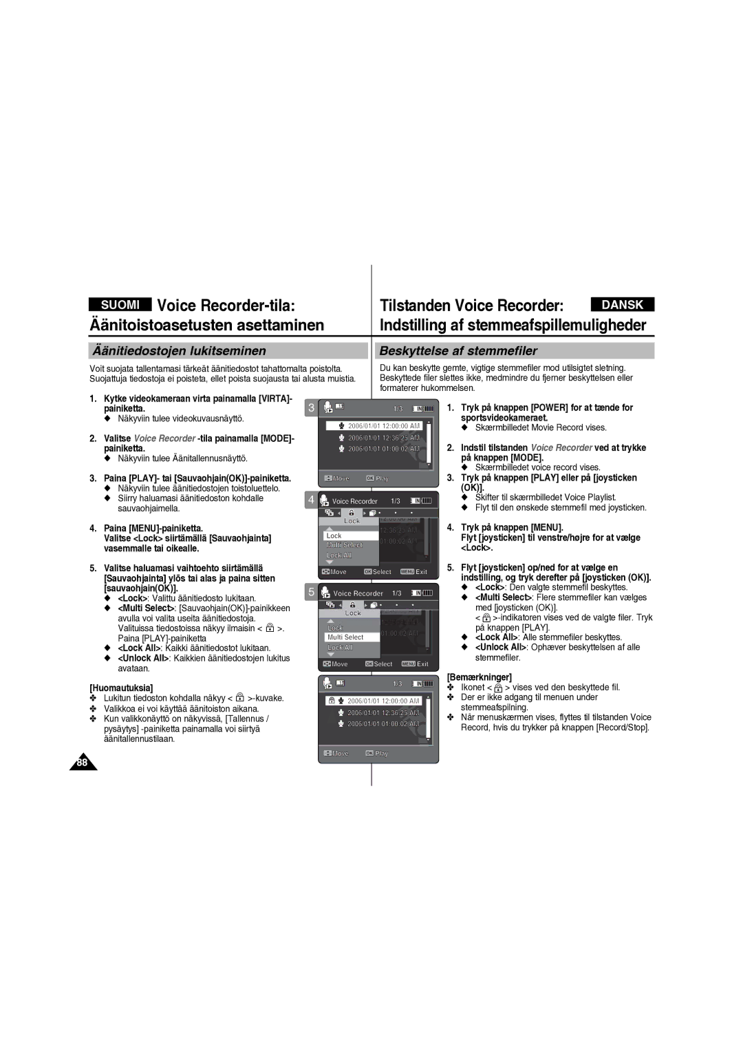 Samsung VP-X210L/XEE manual Äänitiedostojen lukitseminen Beskyttelse af stemmefiler, Skærmbilledet Movie Record vises 