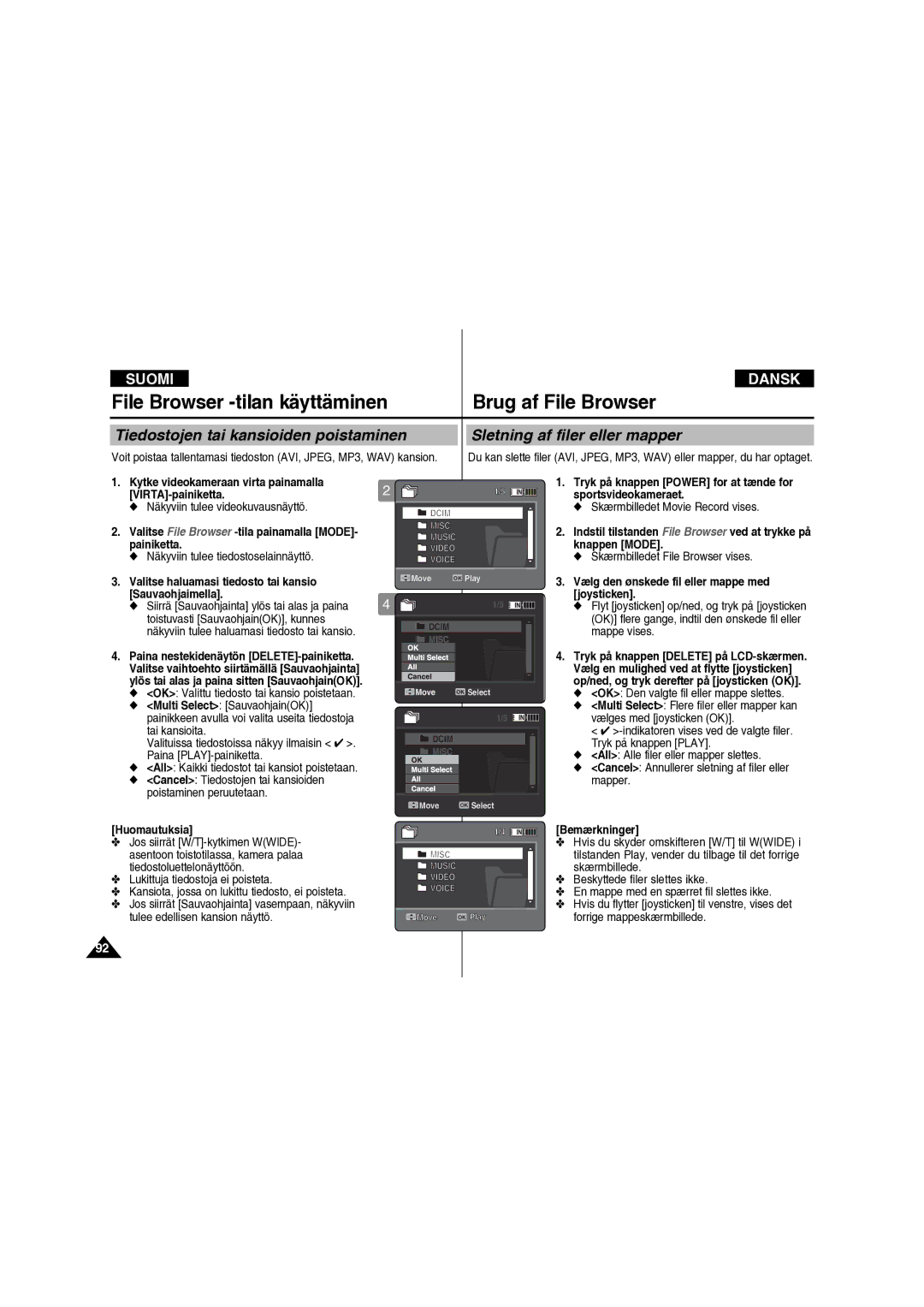 Samsung VP-X210L/XEE manual Tiedostojen tai kansioiden poistaminen, Sletning af filer eller mapper 