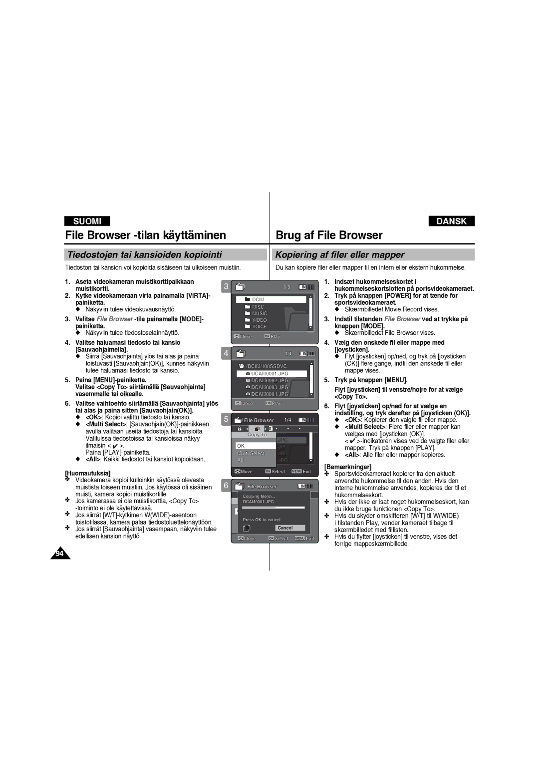 Samsung VP-X210L/XEE Tulee haluamasi tiedosto tai kansio Mappe vises, Paina MENU-painiketta Tryk på knappen Menu, Copy To 