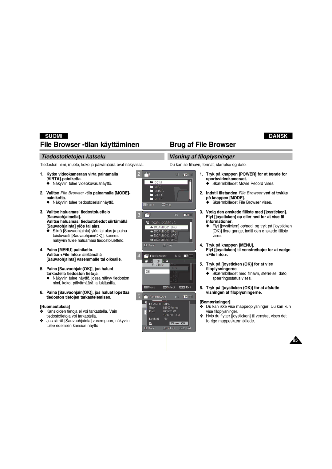 Samsung VP-X210L/XEE Tiedostotietojen katselu Visning af filoplysninger, Du kan se filnavn, format, størrelse og dato 