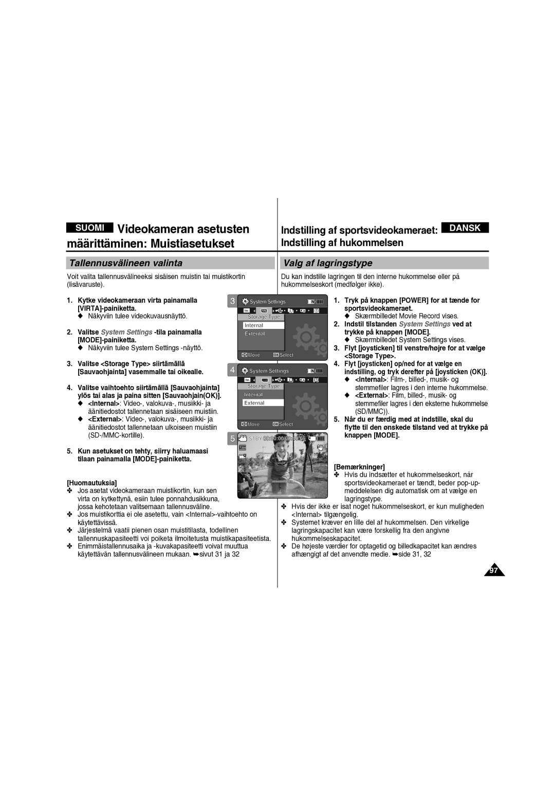 Samsung VP-X210L/XEE manual Määrittäminen Muistiasetukset, Tallennusvälineen valinta, Valg af lagringstype 