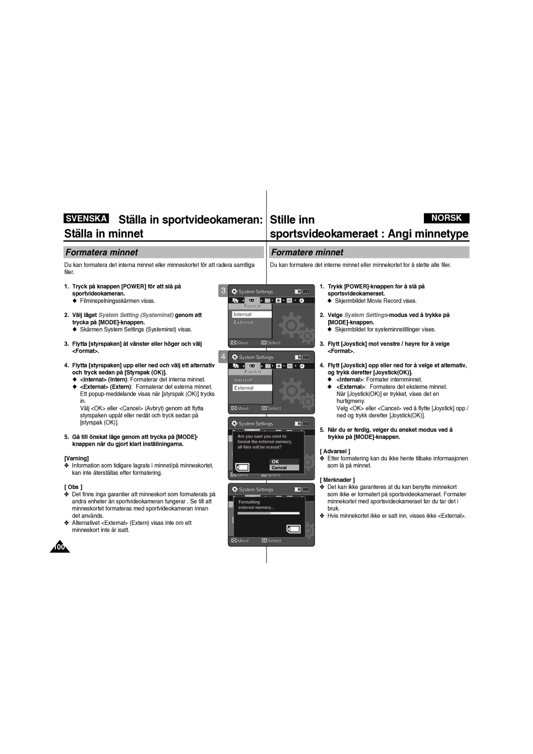 Samsung VP-X210L/XEE manual Formatera minnet, Formatere minnet 