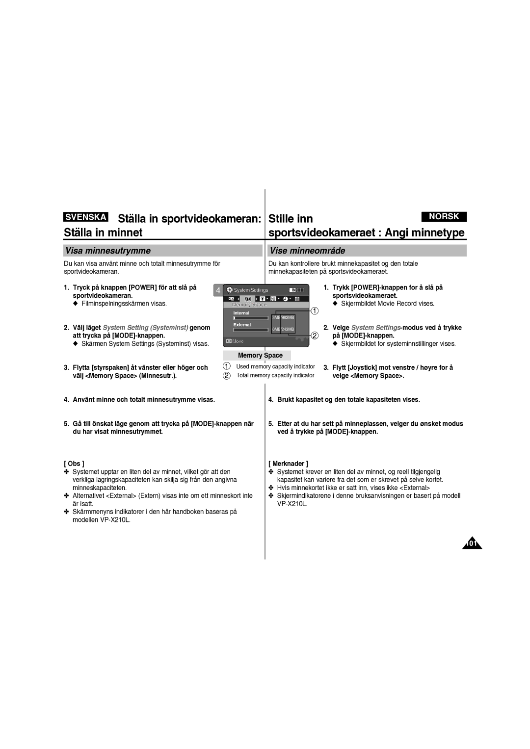 Samsung VP-X210L/XEE manual Visa minnesutrymme, Vise minneområde, Välj Memory Space Minnesutr 