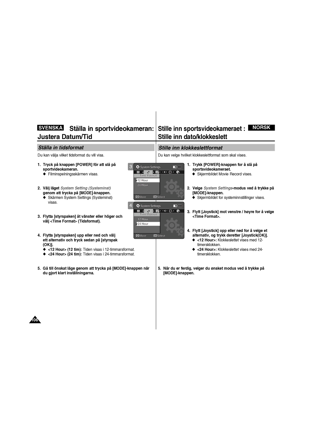 Samsung VP-X210L/XEE Ställa in tidsformat Stille inn klokkeslettformat, Välj Time Format Tidsformat, Timersklokken 