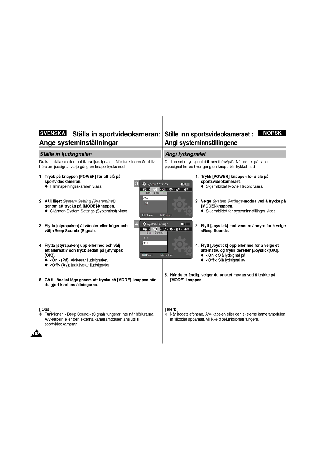 Samsung VP-X210L/XEE manual Ange systeminställningar Angi systeminnstillingene, Ställa in ljudsignalen, Angi lydsignalet 