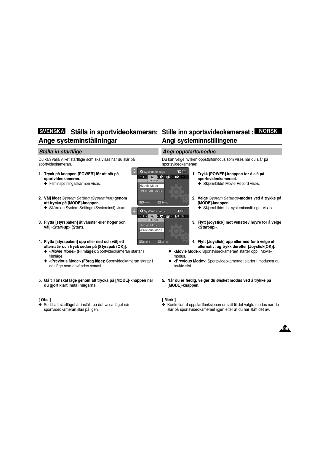 Samsung VP-X210L/XEE manual Ställa in startläge, Movie Mode Filmläge Sportvideokameran startar i filmläge 