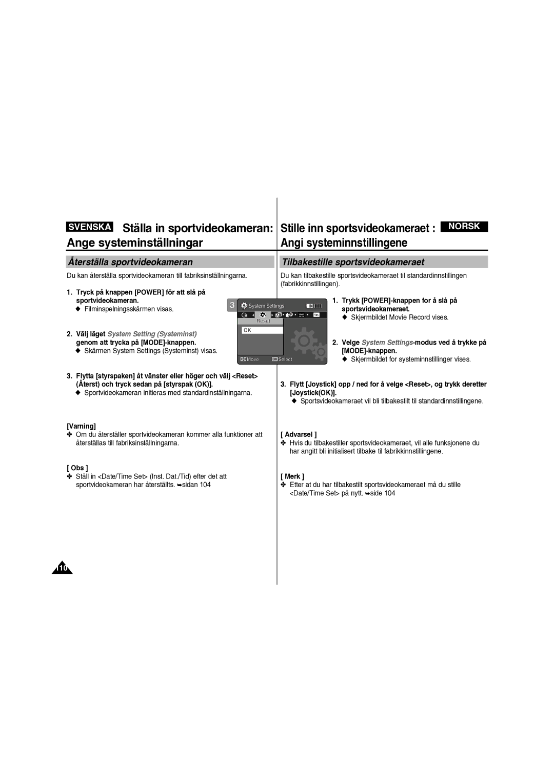 Samsung VP-X210L/XEE manual Fabrikkinnstillingen, Sportvideokameran Trykk POWER-knappen for å slå på, JoystickOK, Varning 