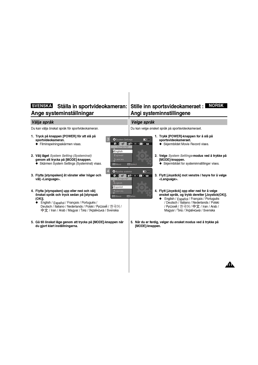 Samsung VP-X210L/XEE manual Välja språk, Velge språk 