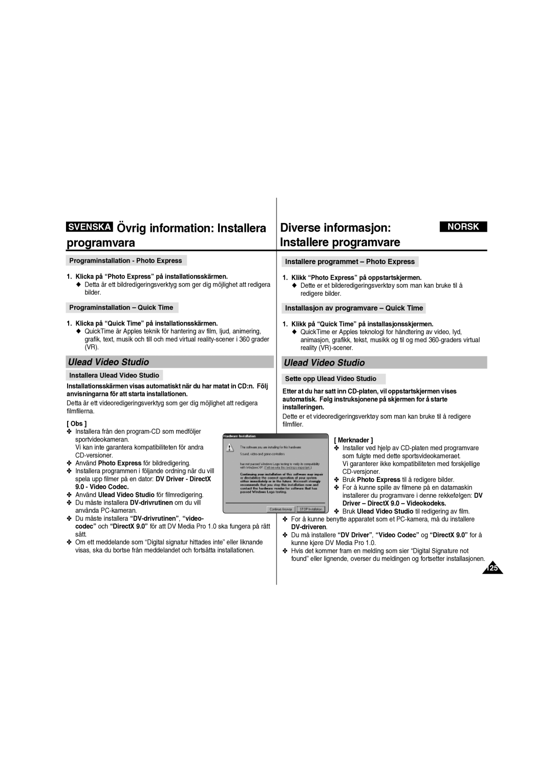 Samsung VP-X210L/XEE manual Övrig information Installera Diverse informasjon, Ulead Video Studio 