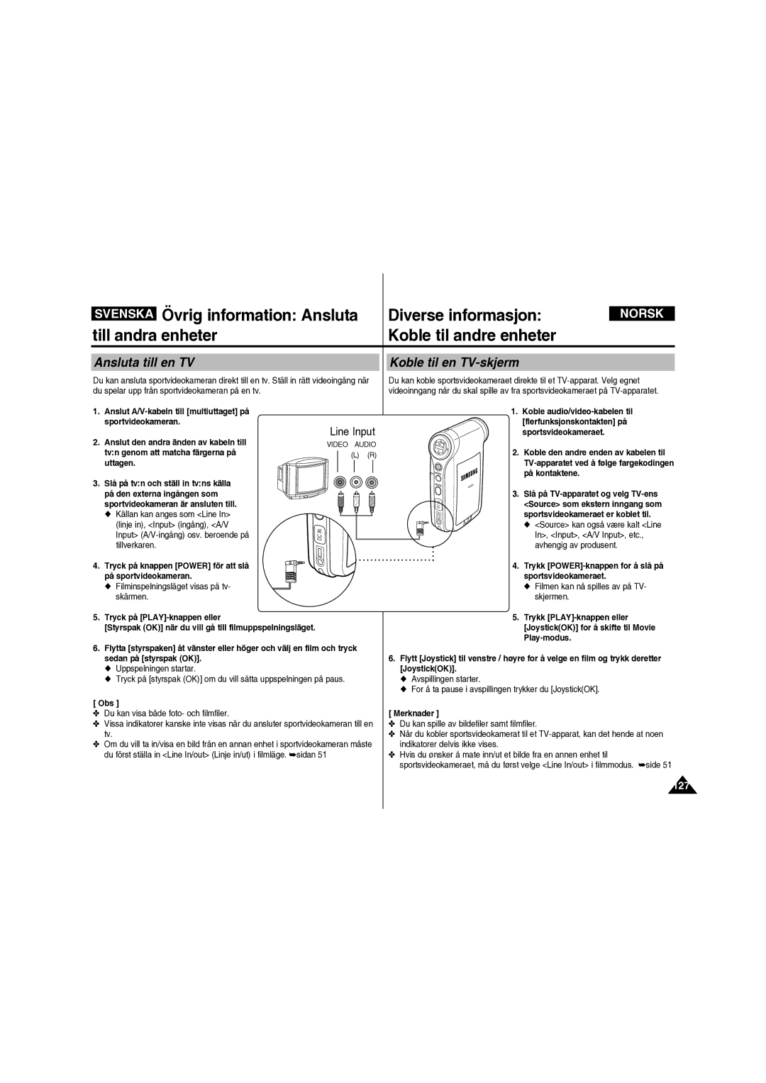 Samsung VP-X210L/XEE manual Ansluta till en TV, Koble til en TV-skjerm 