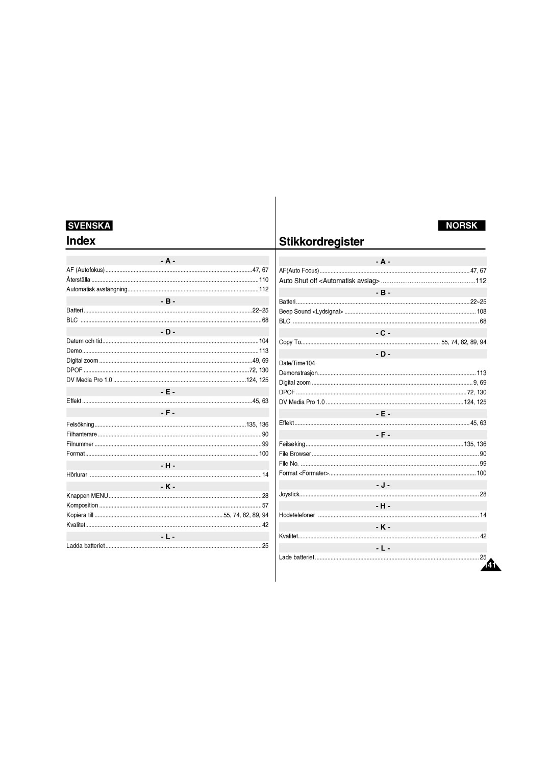 Samsung VP-X210L/XEE manual Index Stikkordregister, 112 