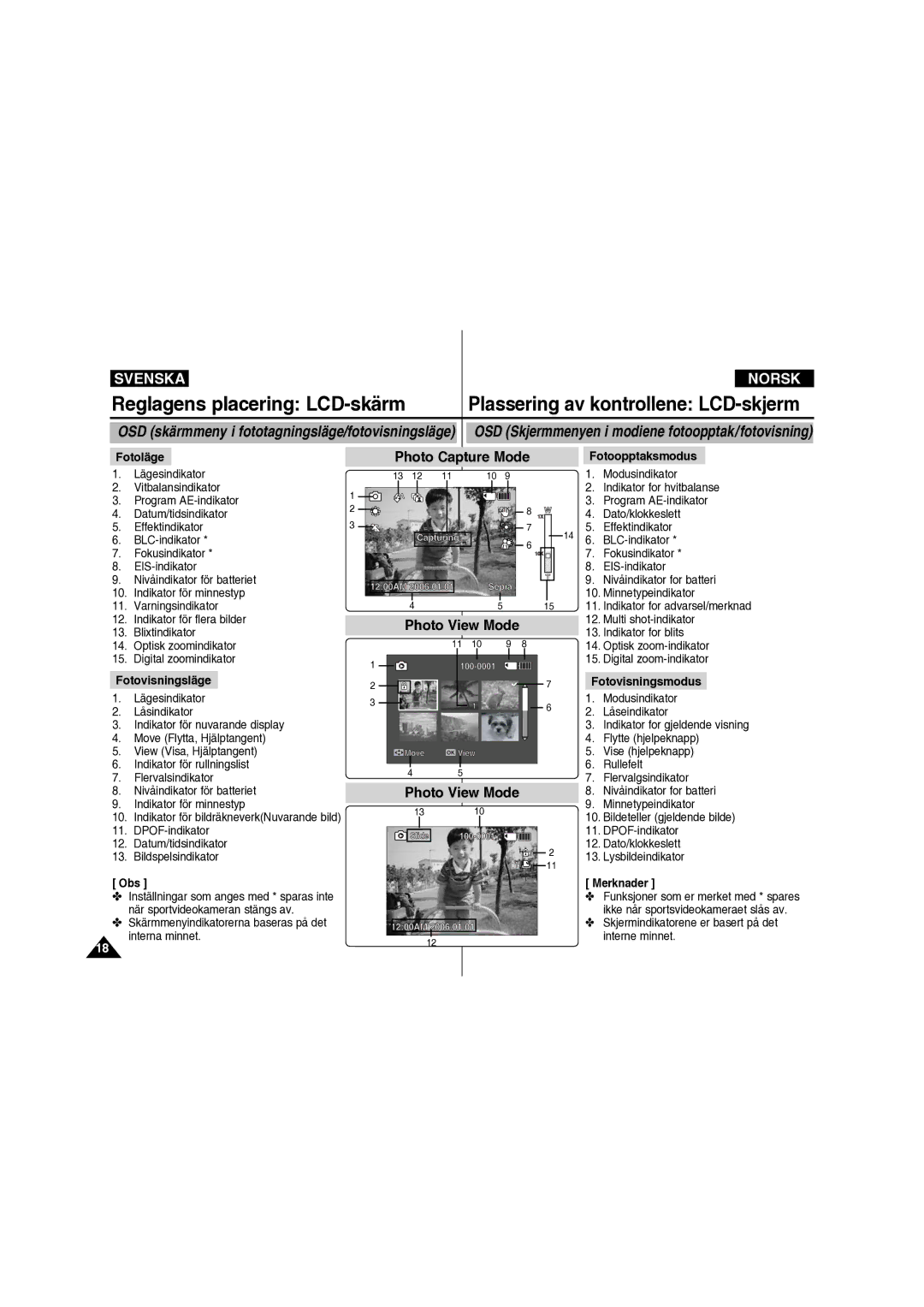 Samsung VP-X210L/XEE manual Fotoläge, Fotoopptaksmodus, Fotovisningsläge Fotovisningsmodus, Obs Merknader 